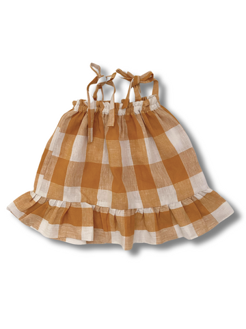 Gingham Linen Tie Up Dress Mustard