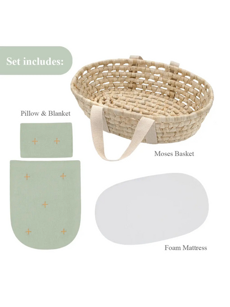 Rattan Doll Moses Basket Set Sage