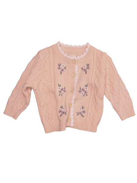 Pink Cable Knit Cardigan with Floral Embroidery