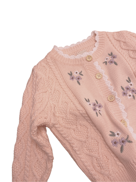 Pink Cable Knit Cardigan with Floral Embroidery