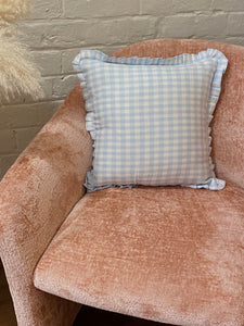 Gingham linen frilled cushion  blue