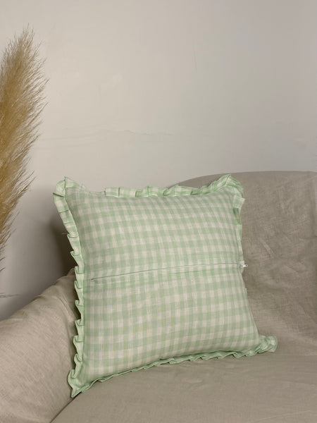 Gingham linen frilled cushion cover mint