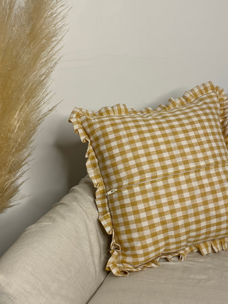 Gingham linen frilled cushion cover mustard