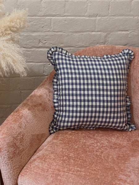 Gingham linen frilled cushion cover navy
